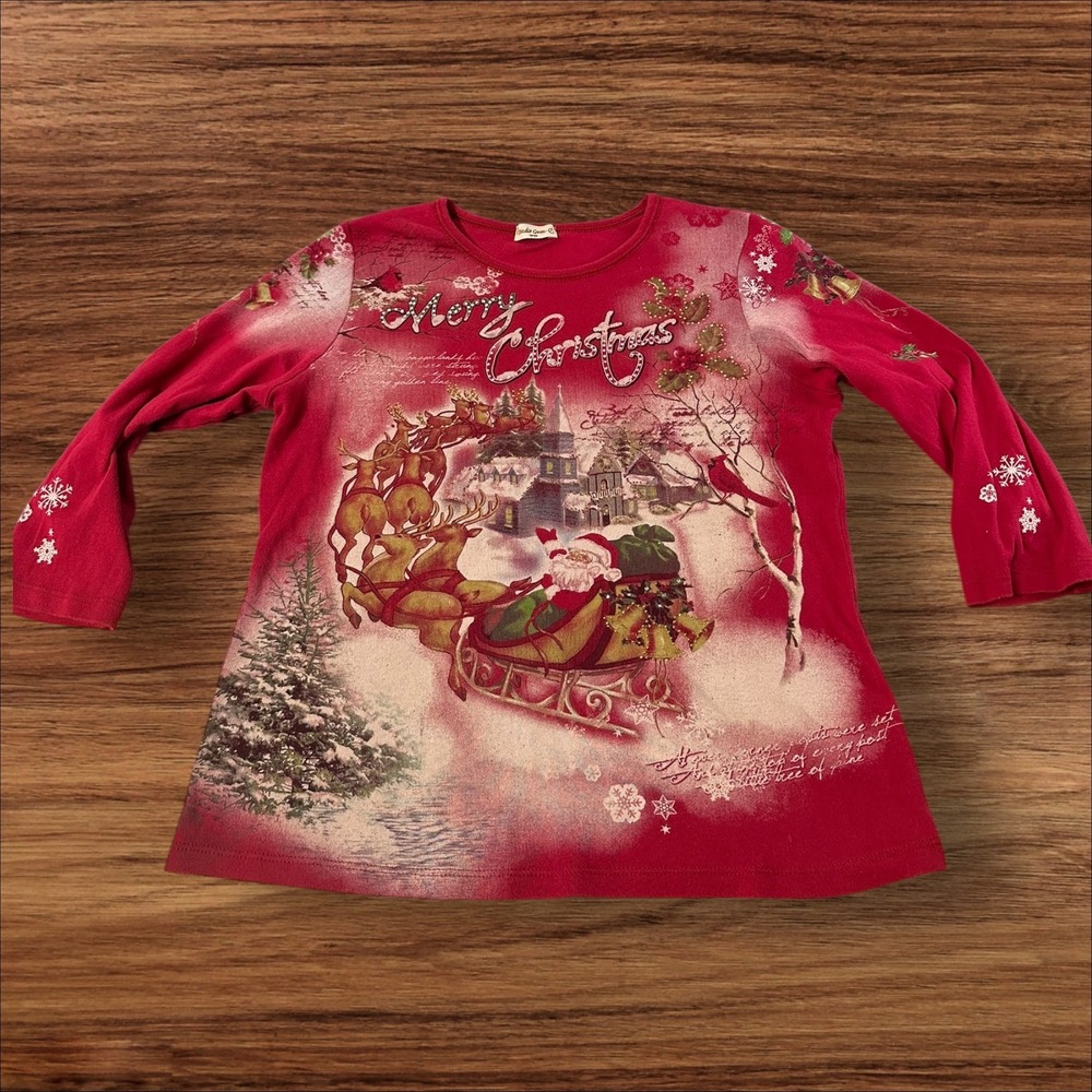 Studio Gem Merry‎ Christmas Santa Sleigh Reindeer Long Sleeve Top Women Large